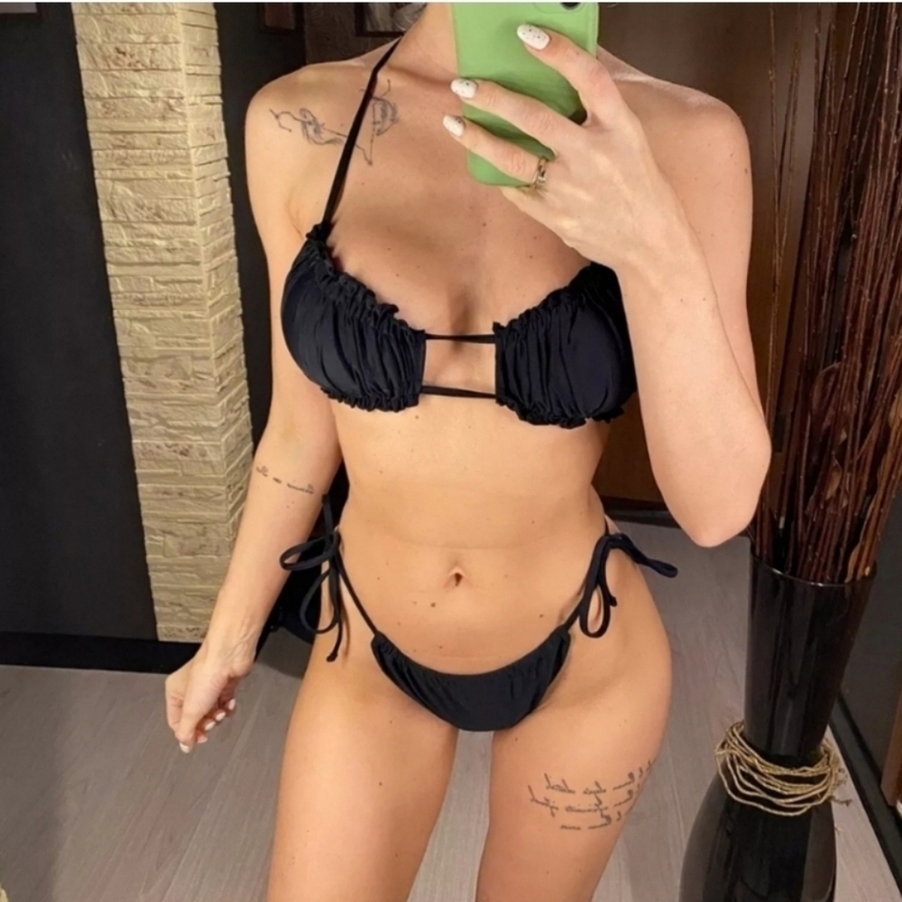 New Black Ruched Top and Brazilian Bottom Bikini Set Swimsuit Size S